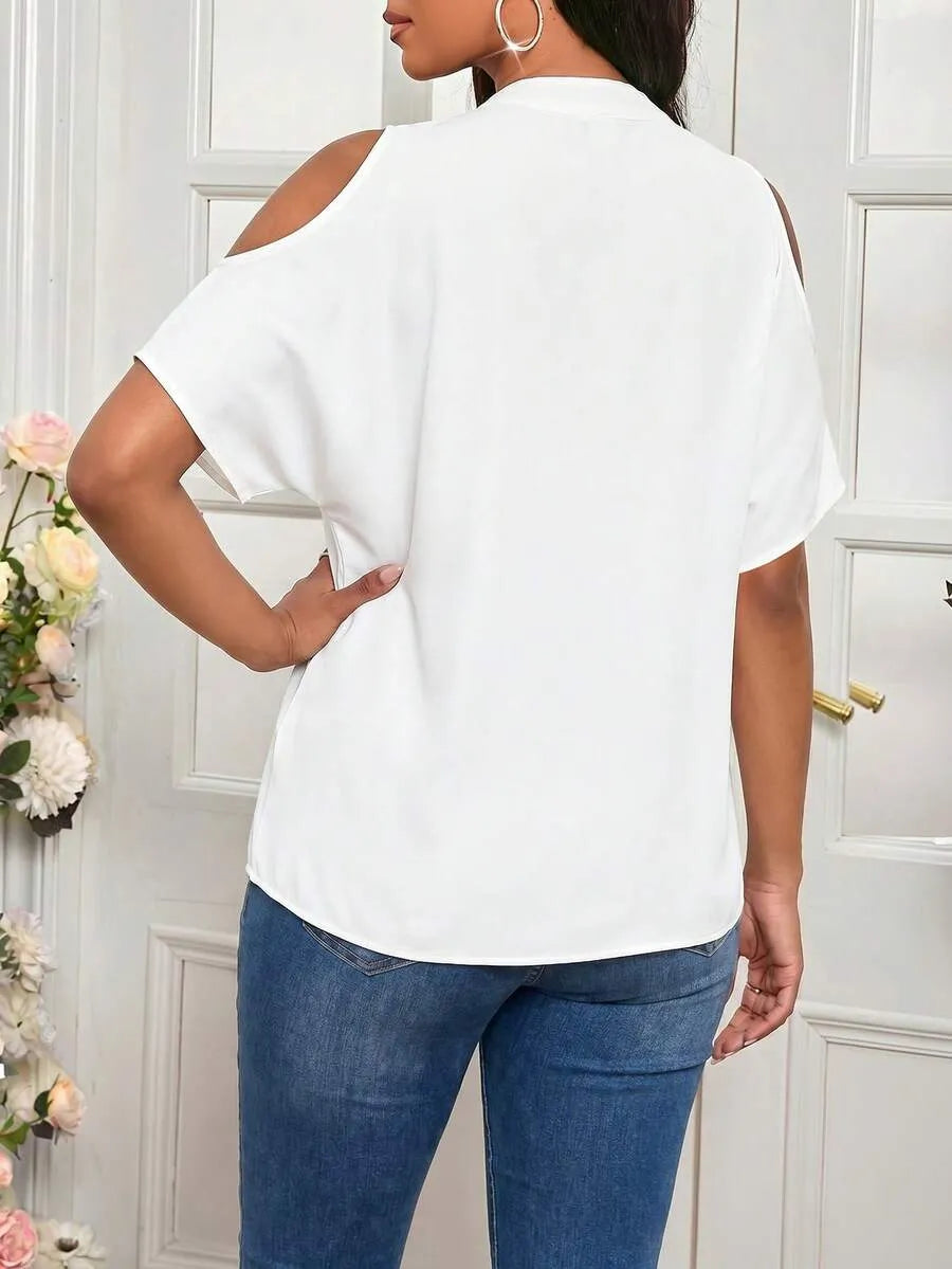 Lady Elegant Dress Women Solid Cold Shoulder Split Sleeve Blouse White Shirt