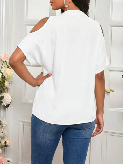 Lady Elegant Dress Women Solid Cold Shoulder Split Sleeve Blouse White Shirt