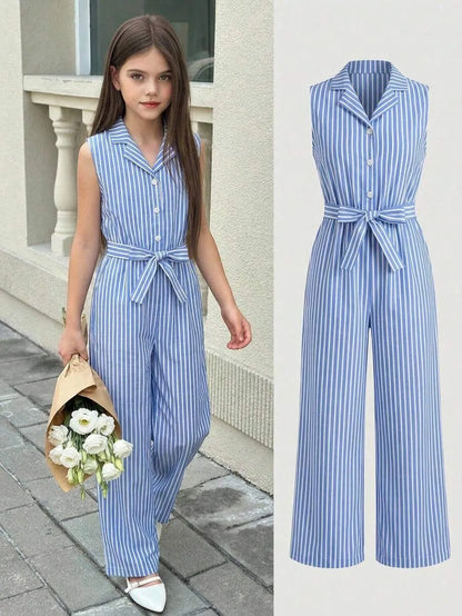 Girls' Striped Shirt Jumpsuit
