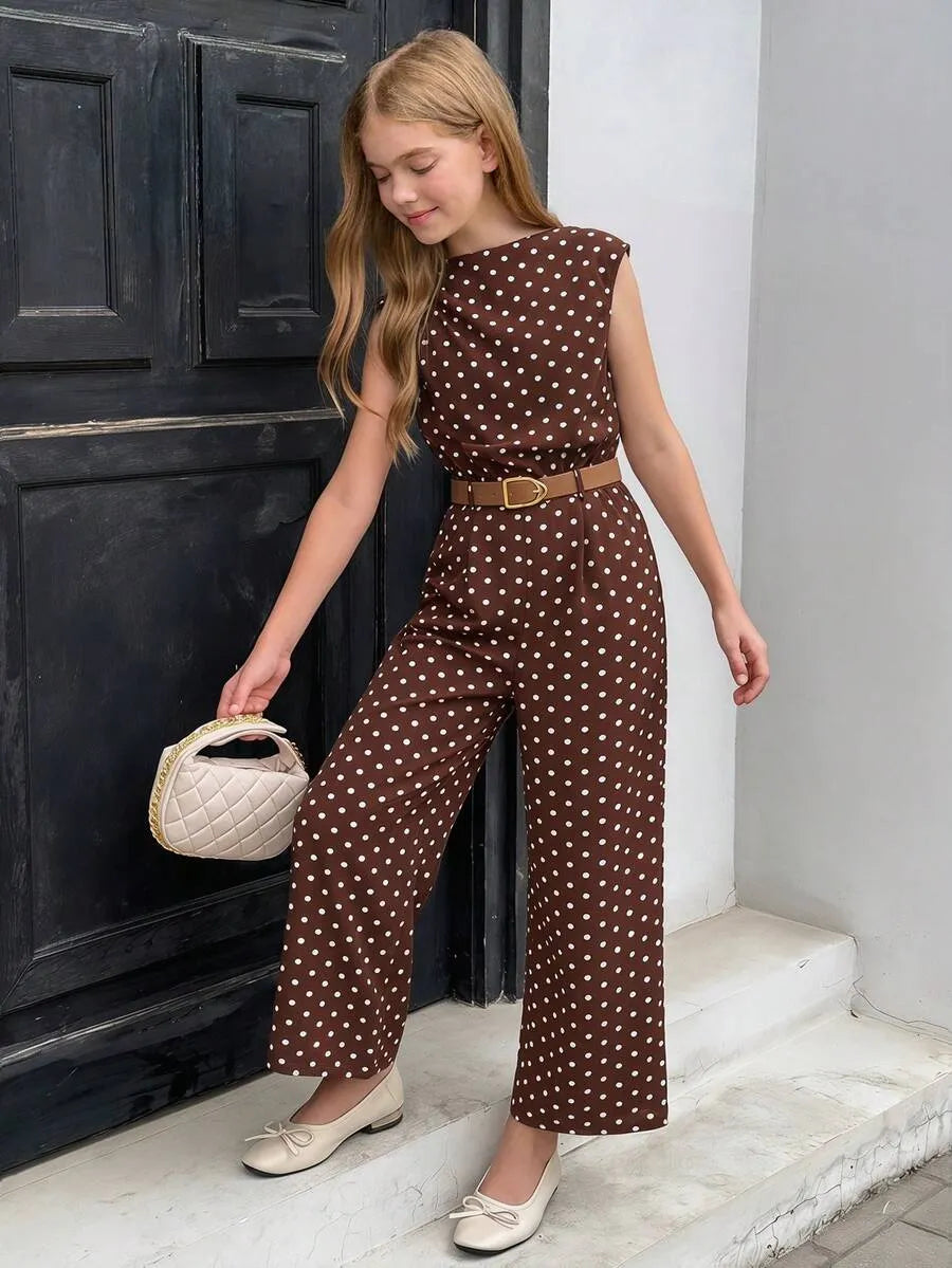 Girls' Polka Dot Belted Jumpsuit