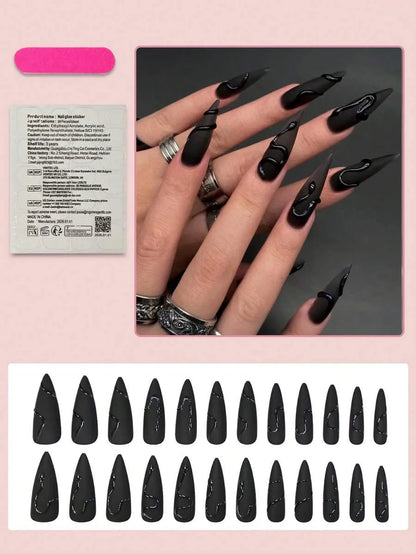 24PCS Black Snake Print Press-On Nails