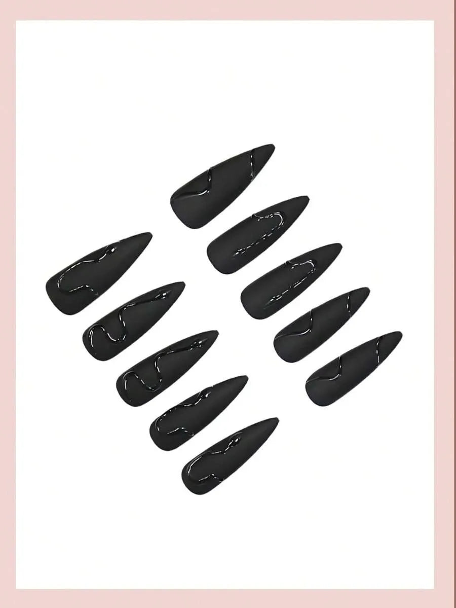 24PCS Black Snake Print Press-On Nails