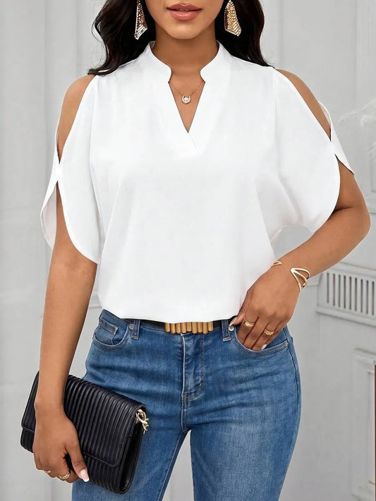Lady Elegant Dress Women Solid Cold Shoulder Split Sleeve Blouse White Shirt