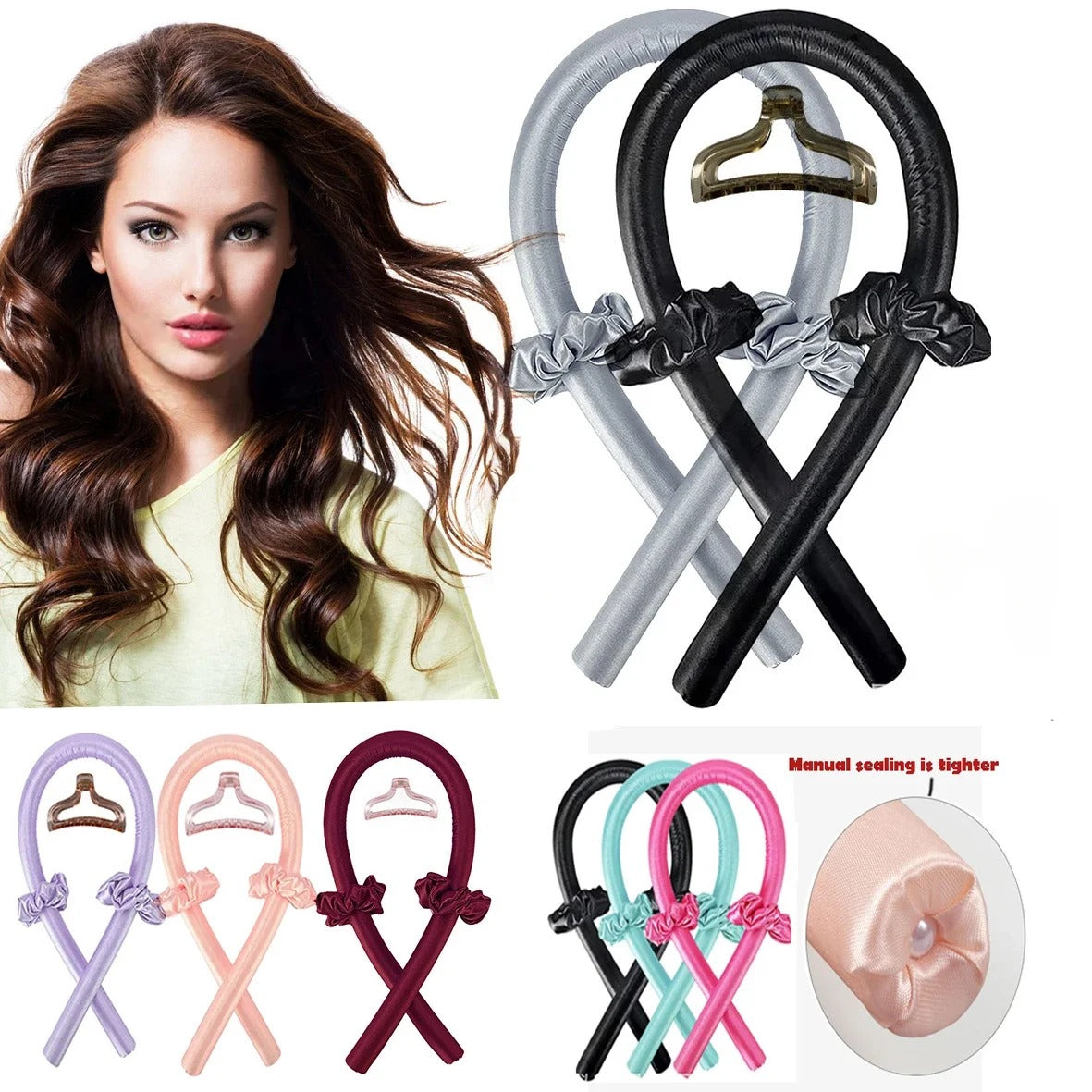 4Pcs Heatless Curling Rod Headband, Styling Kit with Hair Clip，Ribbon Rollers，Special for real hair wigs